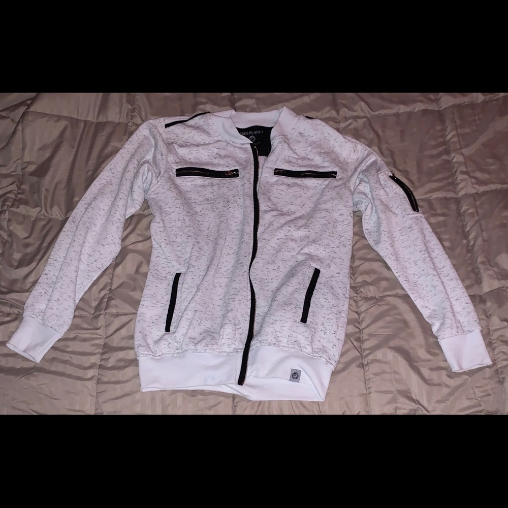White Feathered Free Planet Zip Up Sweater
